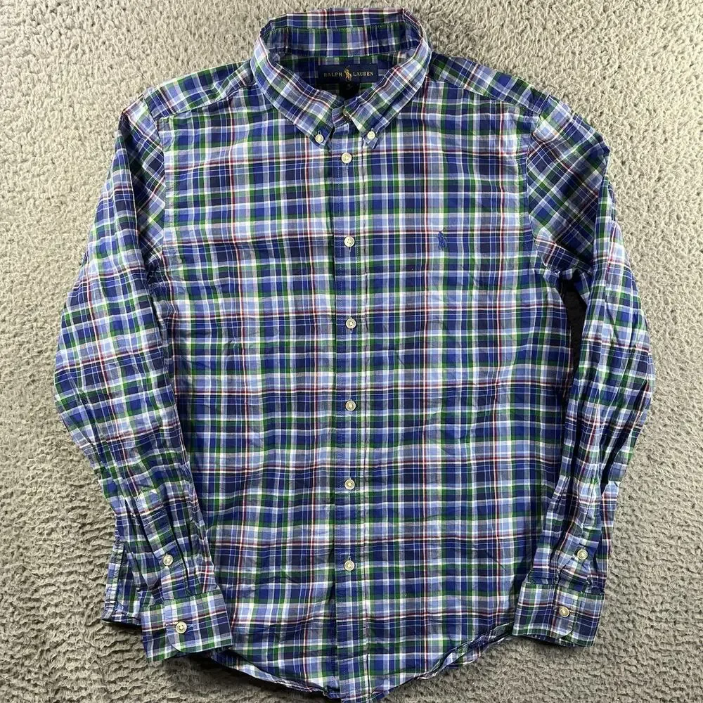 Ralph Lauren Boys XL 18-20 Plaid Button Down Shirt Long Sleeve Blue Green Pony
